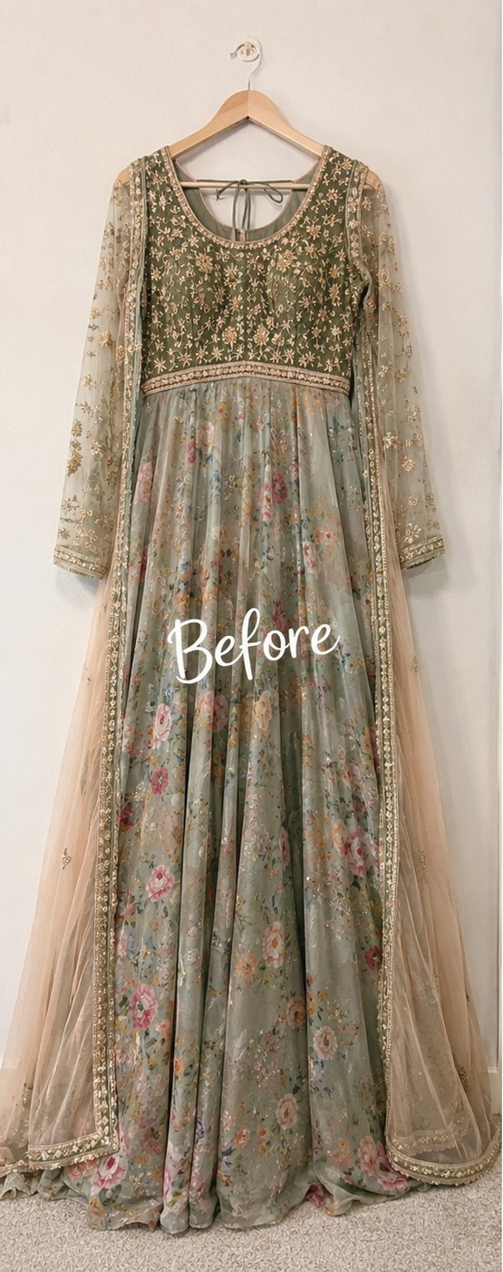 Before embroidered dress length alteration