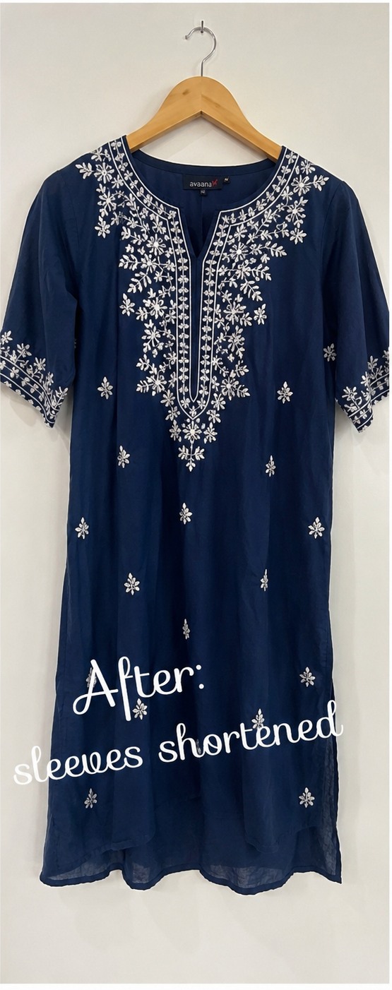 After sleeve shortening on blue embroidered kurta