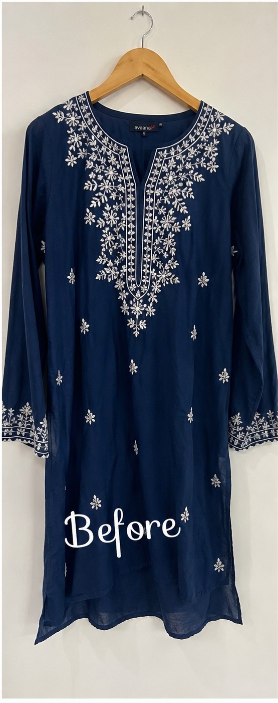 Before sleeve shortening on blue embroidered kurta