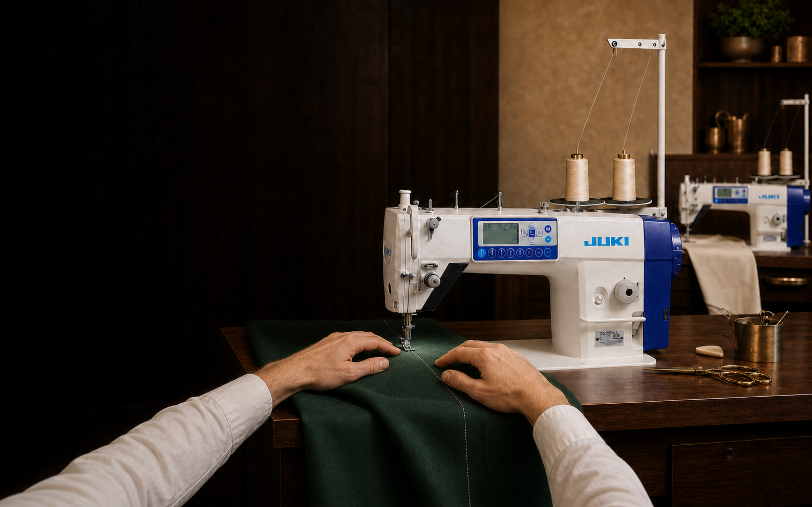 Tailor guiding deep green fabric beneath a modern JUKI sewing machine
